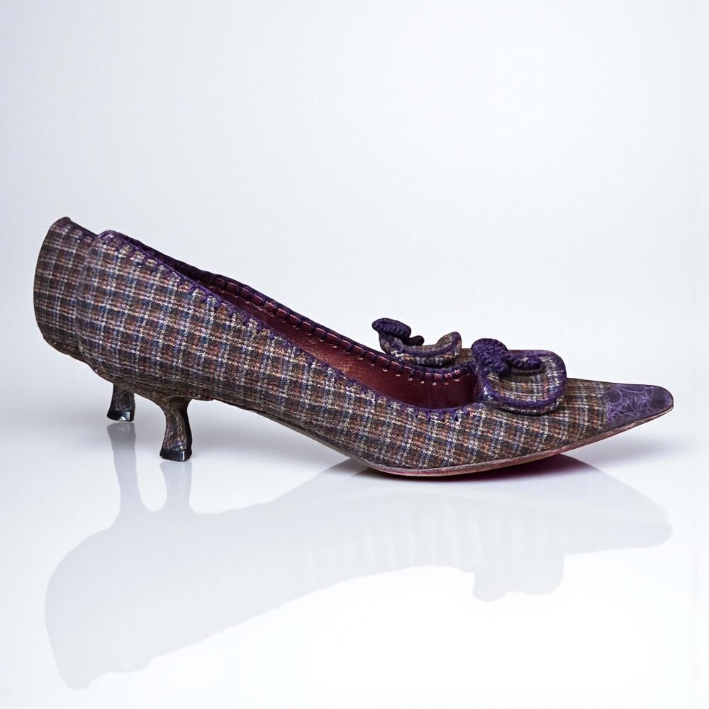 Charming Vintage PRADA Kitten Heel Purple Tweed Bow Heels 37.5 90's Y2K